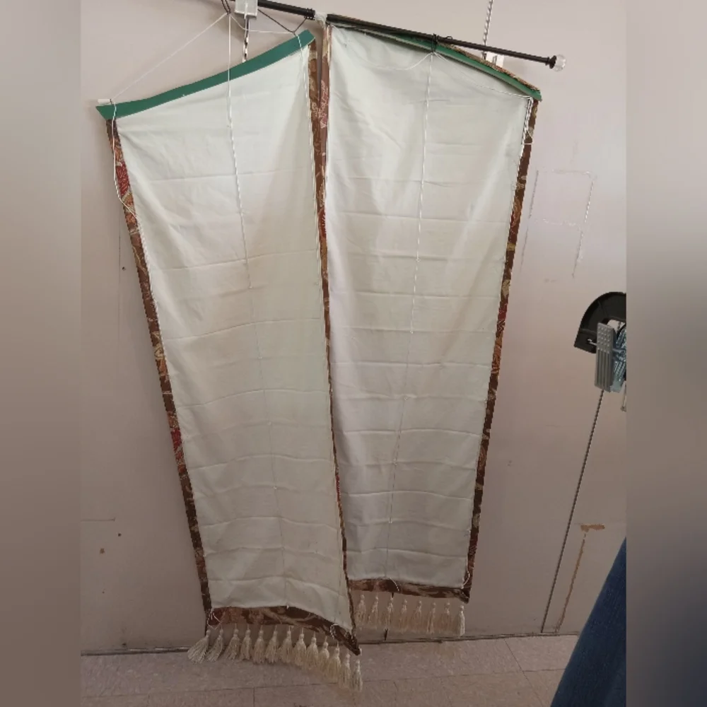 Unique French Art Curtains Oval/ Arch Cut, Tassels, Drawstring Attached to wood